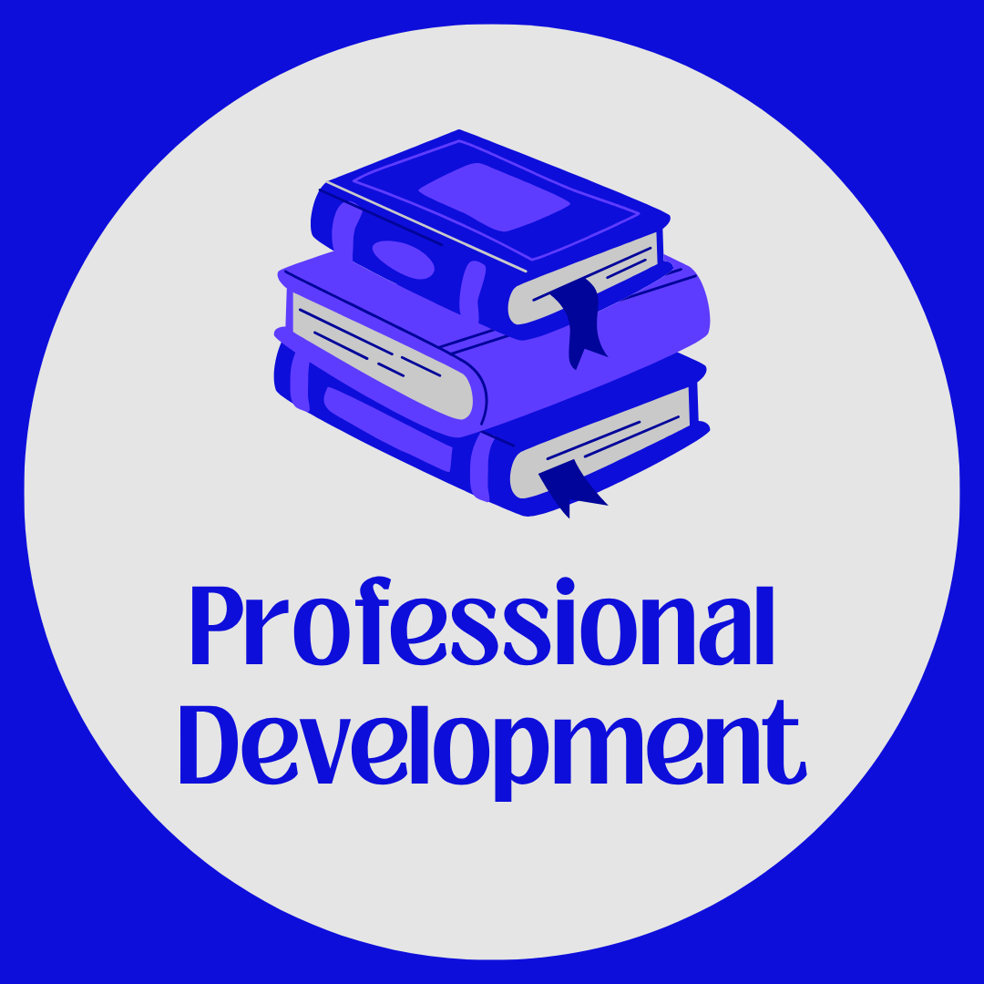 An icon featuring a stack of three books with blue covers inside a white circle, accompanied by the text 'Professional Development'.